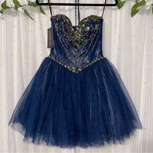 Sherri Hill Navy Blue Formal Dress with Gold Embellishments